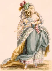 Fato de Lady baseado na ópera &39;La Trevesti&39;, gravada por Bacquoy, de &39;Galeries des Modes et Costumes Francais&39;, c.1778-87